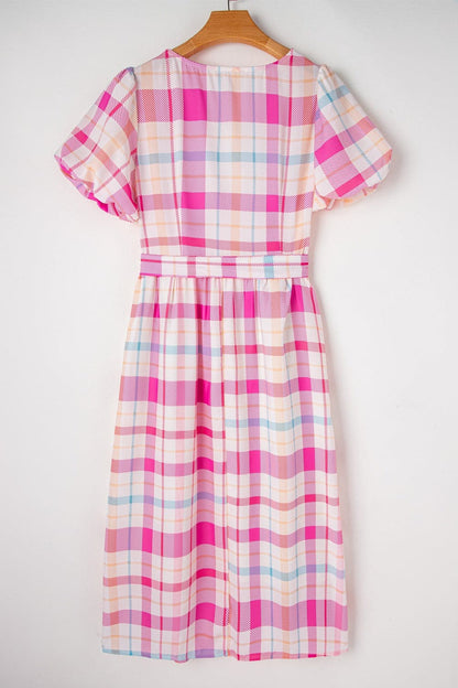 Tied Plaid Round Neck Short Sleeve Dress.