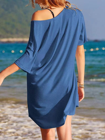 Pocketed V-Neck Short Sleeve Tee Dress.