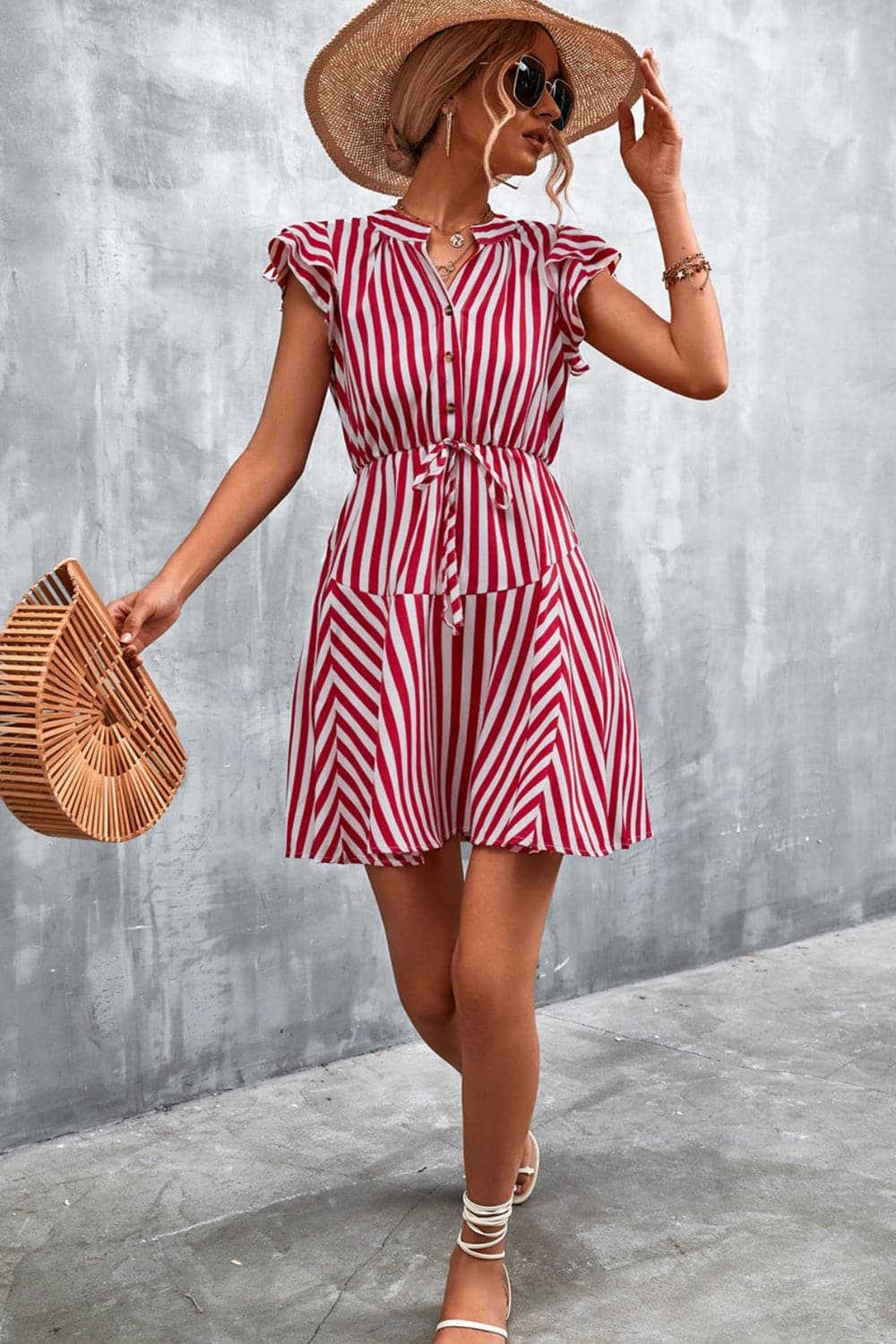 Ruffled Striped Cap Sleeve Mini Dress.