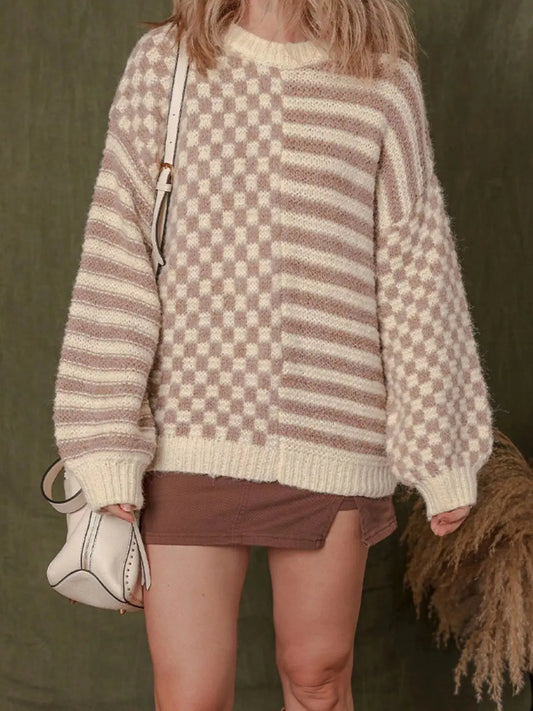 Checkerboard & Striped Pattern Knit Sweater Simply Love