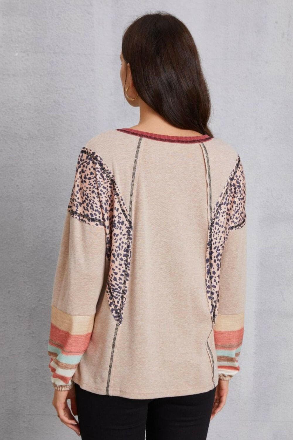 Contrast Stitching Leopard Long Sleeve Blouse.