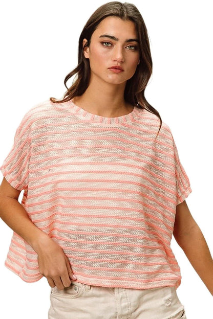 Love Salve Braid Striped Short Sleeve Round Neck T-Shirt