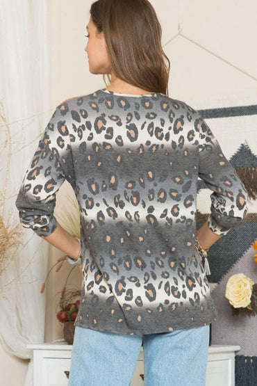 Celeste Plus Size Charcoal Leopard Long Sleeve Tee with Braided Detail