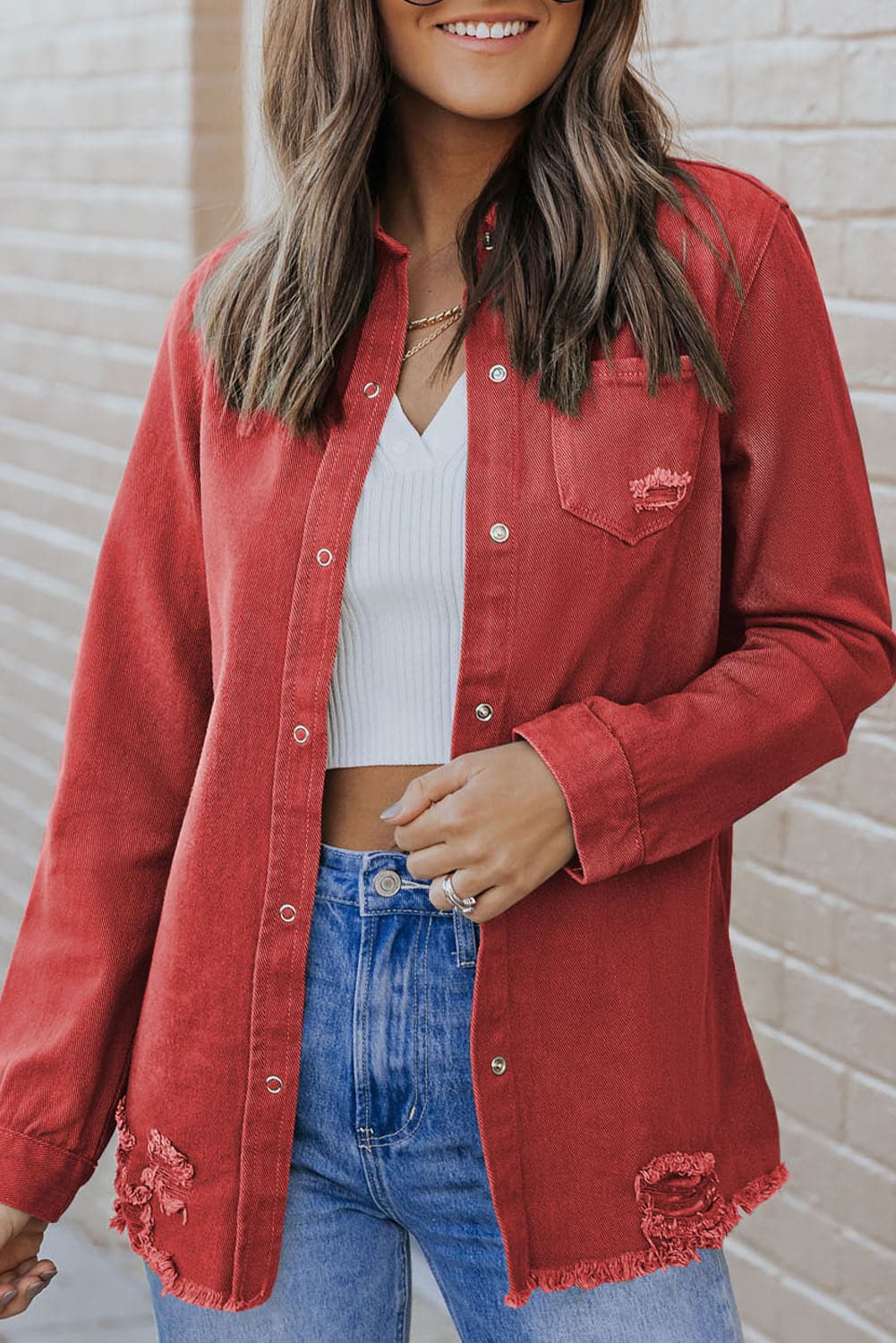 Distressed Raw Hem Snap Down Denim Jacket.