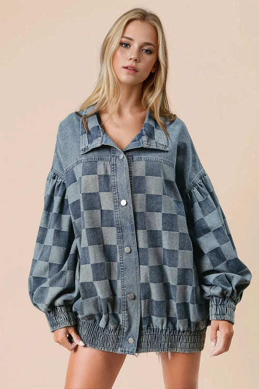 Double Take Checkered Button Up Denim Jacket - Love Salve