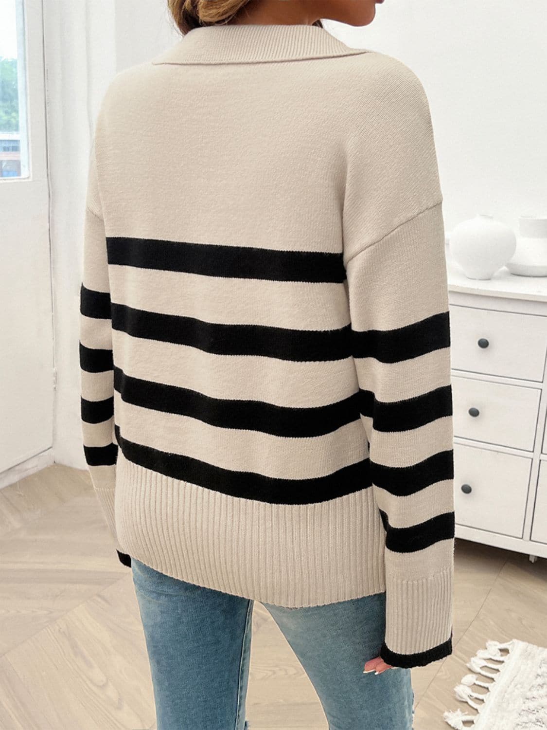 Striped Collared Neck Long Sleeve Sweater.