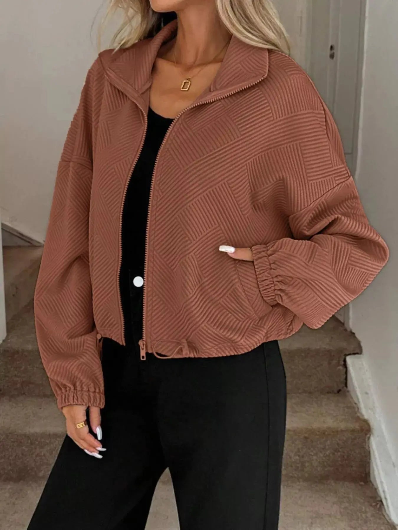 Textured Zip-Up Drawstring Hem Jacket Simply Love