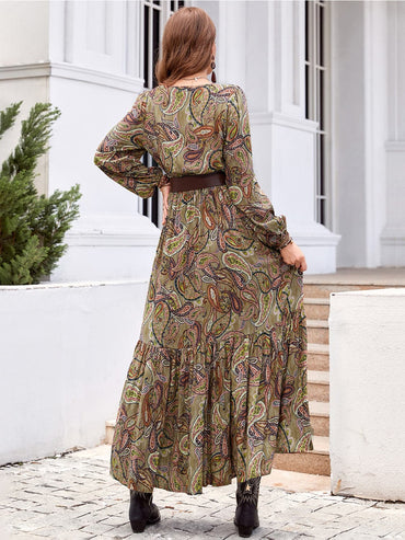 Printed Tie Neck Ruffle Hem Long Sleeve Dress.