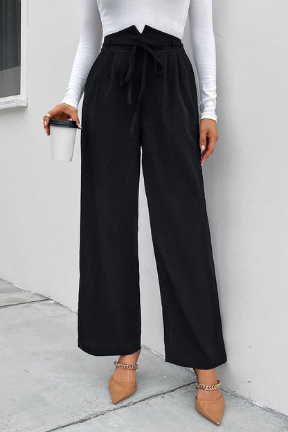 High Waist Ruched Tie Front Wide Leg Pants.