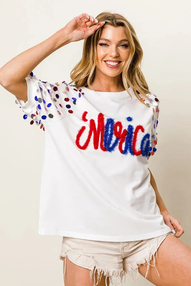 BiBi Metallic Letter Spangle Raglan Puff Sleeve Top - Love Salve 