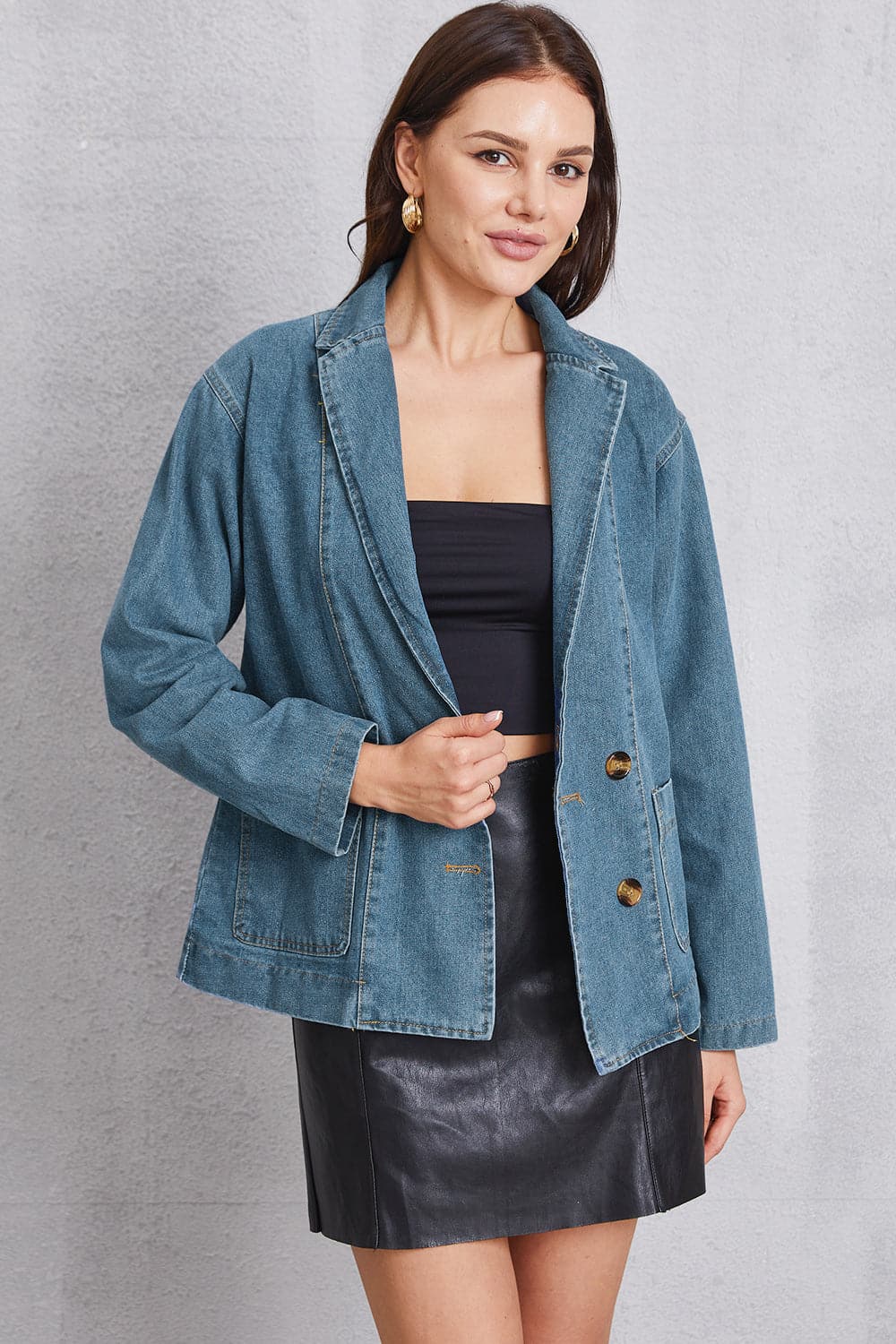 Pocketed Button Up Denim Jacket.