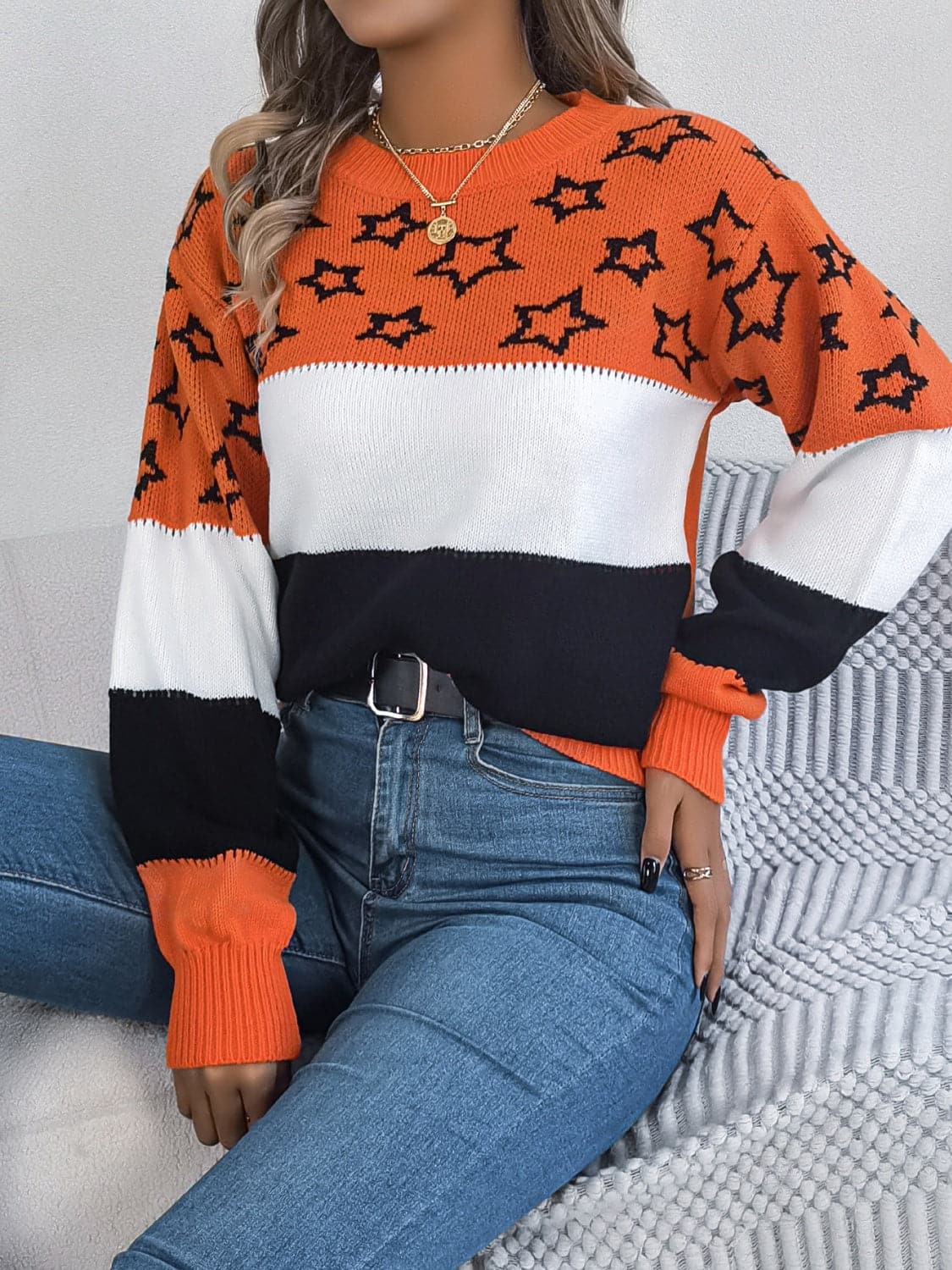 Star Contrast Round Neck Sweater.