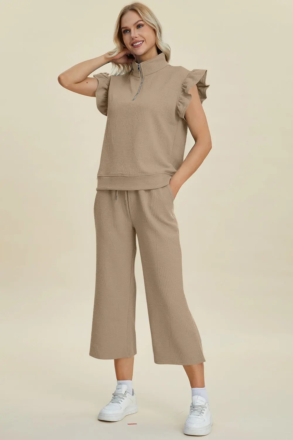 Double Take Full Size Texture Ruffle Short Sleeve Top and Wide Leg Pants Set - Love Salve