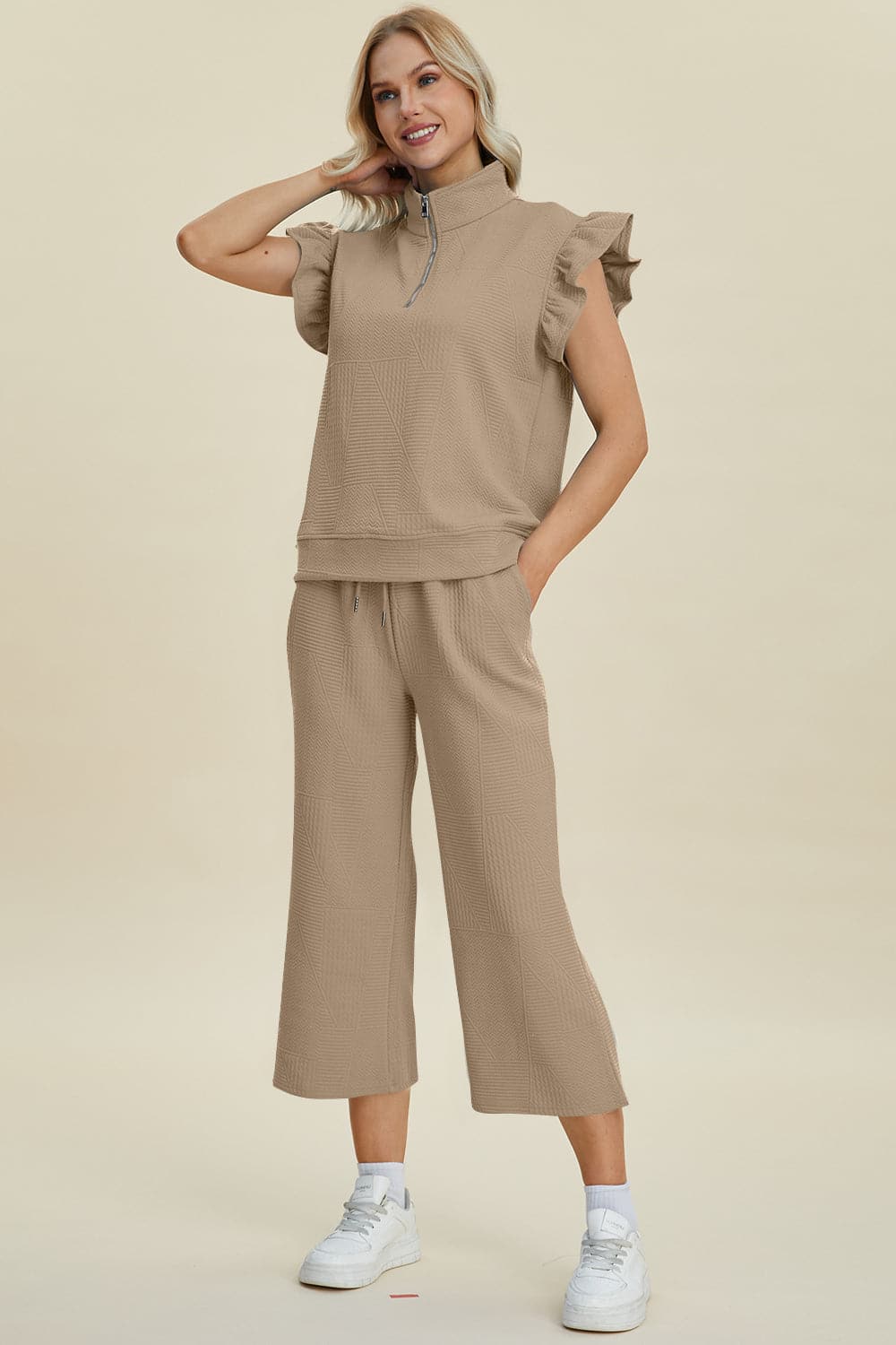 Double Take Full Size Texture Ruffle Short Sleeve Top and Wide Leg Pants Set.