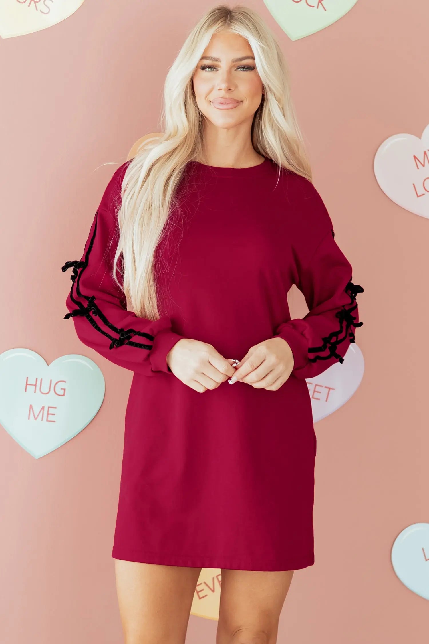 Racing Red Striped Bow Detail Drop Shoulder Sweatshirt Dress With Pockets Dear-Lover Dropshipping