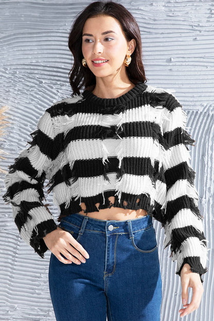 Striped Fringe Round Neck Sweater.