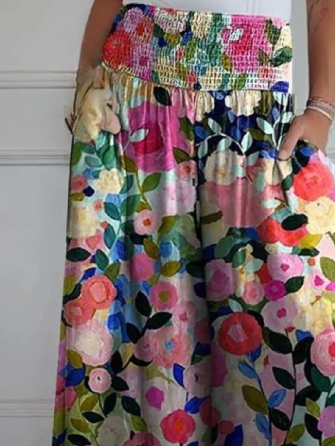 Smocked Wide Leg Pants with Pockets in Full Size