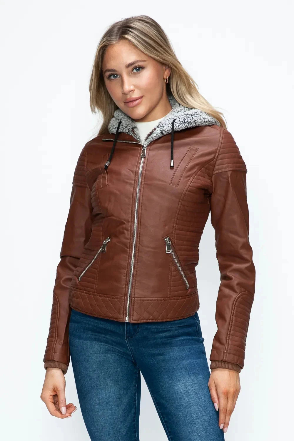 YMI Faux Layered Double-Zipper Jacket with Fuzzy Hood Coco’s Tee Boutique