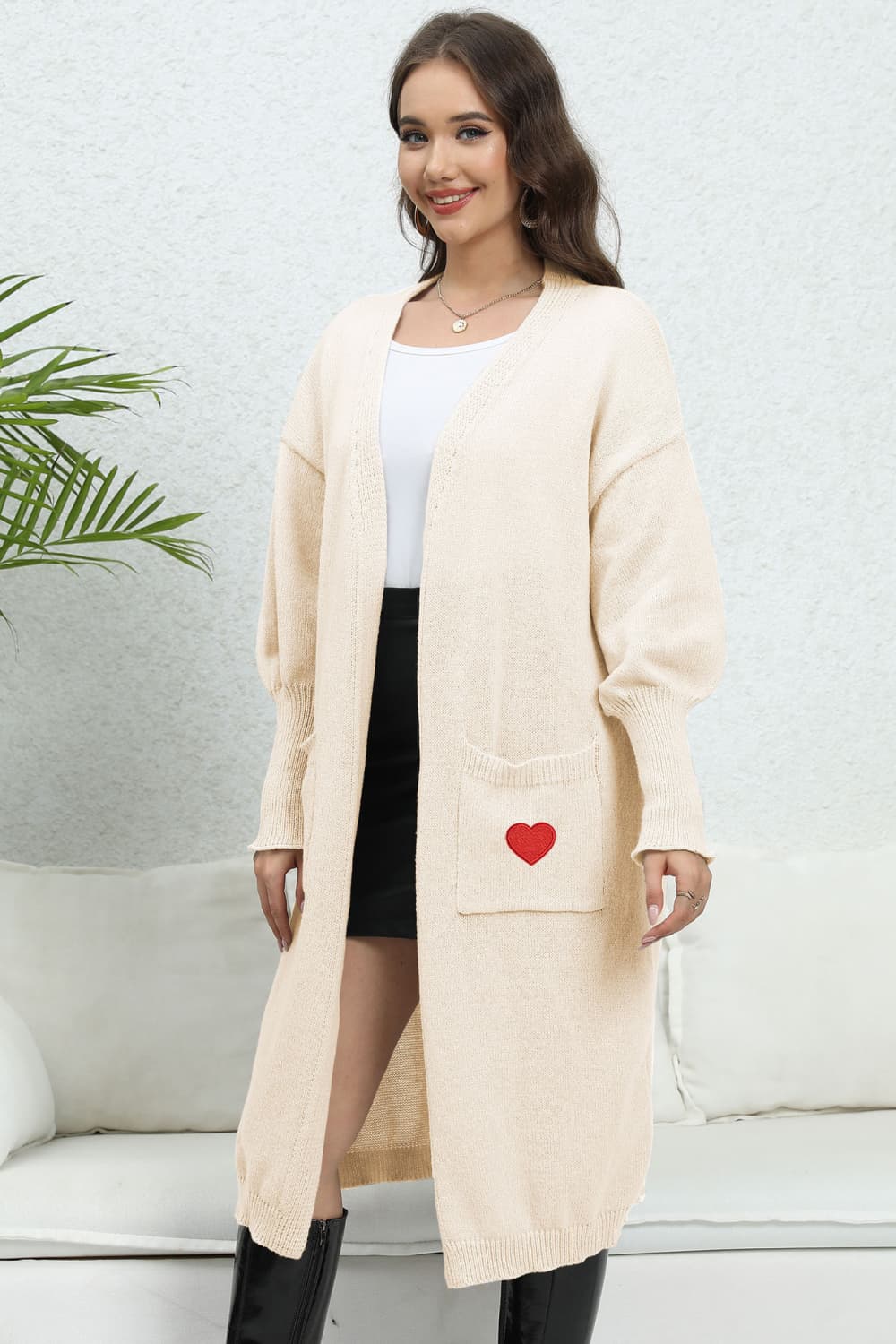 Lantern Sleeve Open Front Pocketed Cardigan.