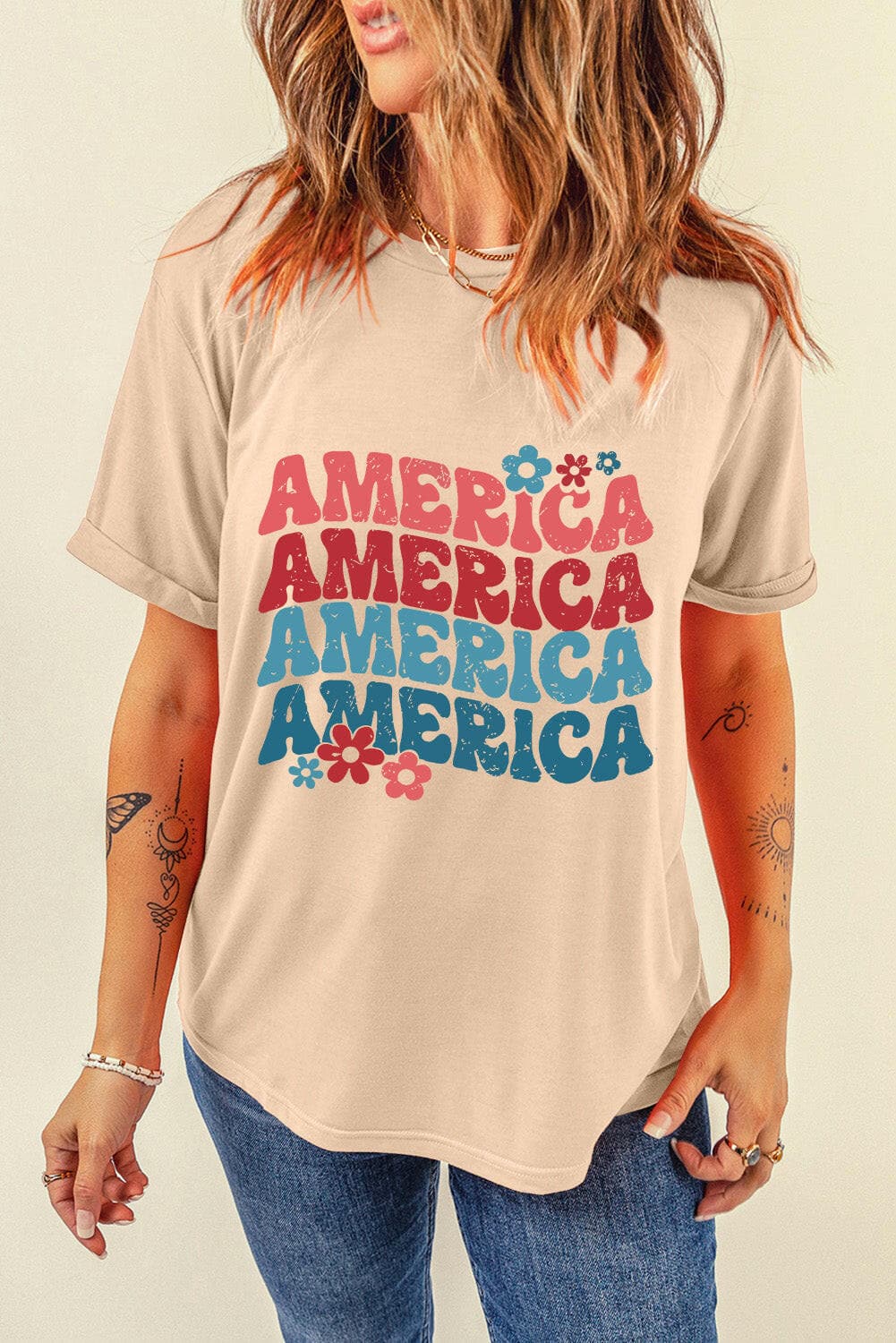 AMERICA Round Neck Short Sleeve T-Shirt.