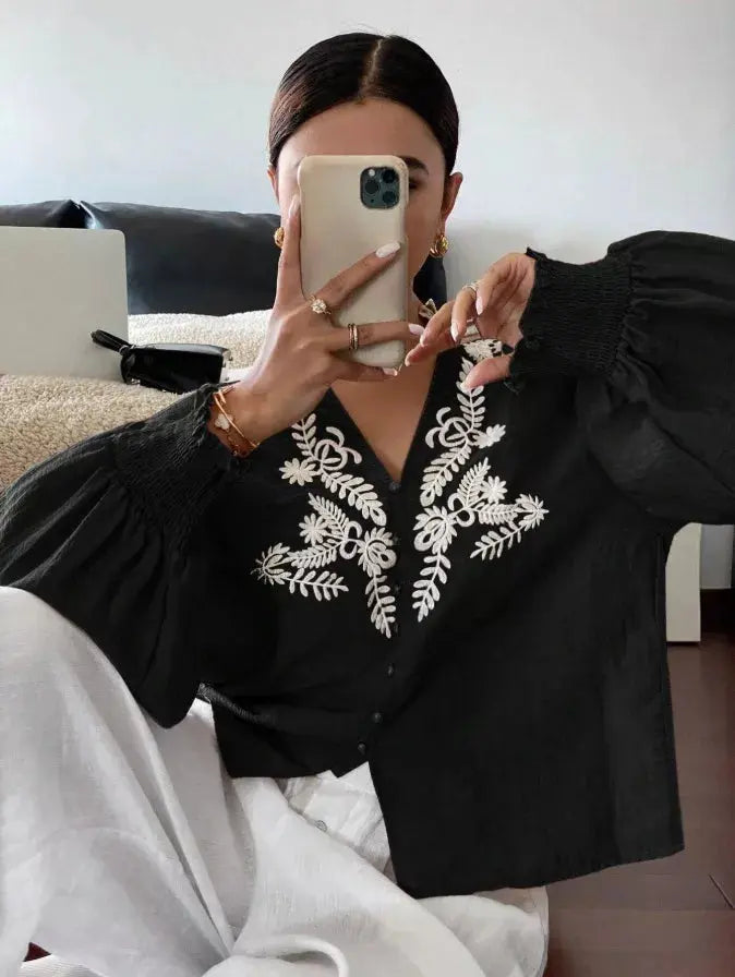 Embroidered Notched Long Sleeve Blouse Simply Love