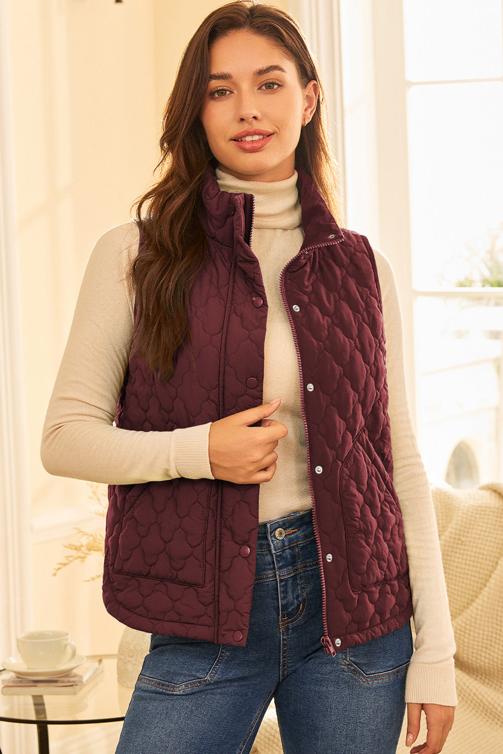 Wild Ginger Flower Shape Quilted Winter Vest With Snap Button Front Zip Up For Cold Weather Dear-Lover Dropshipping