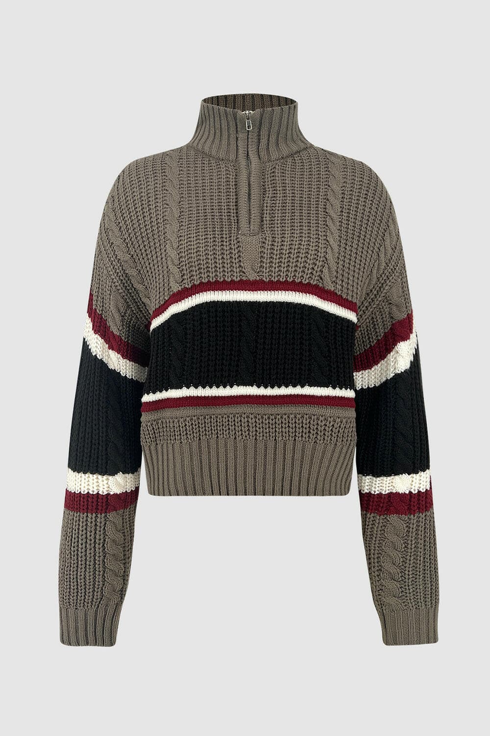 Cable-Knit Striped Quarter Zip Turtleneck Sweater.