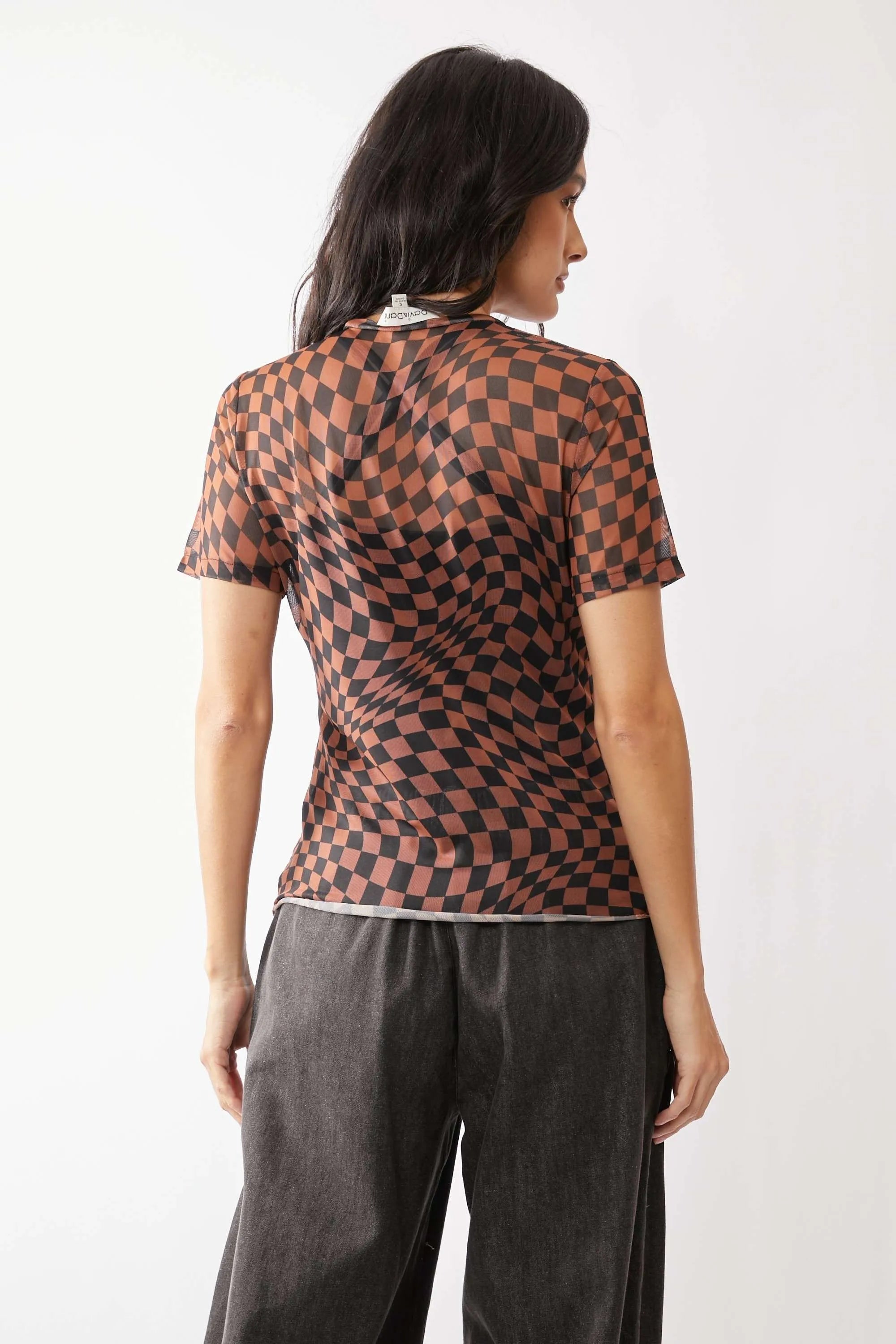 Davi & Dani Checker Board Printed Mesh Short Sleeve Top - Love Salve 