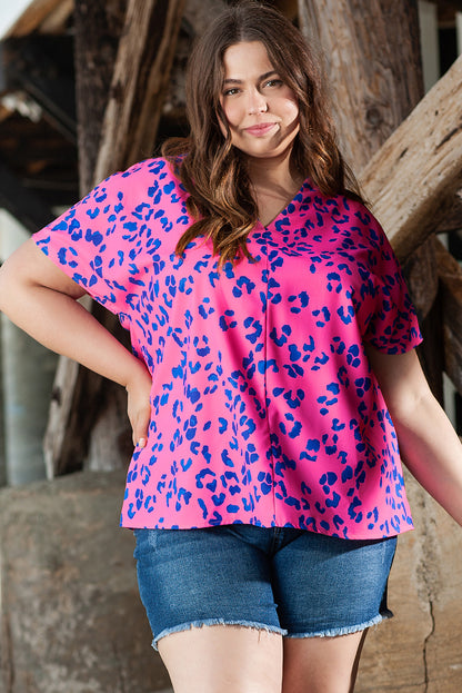 Chic rose and leopard print plus size V-neck blouse