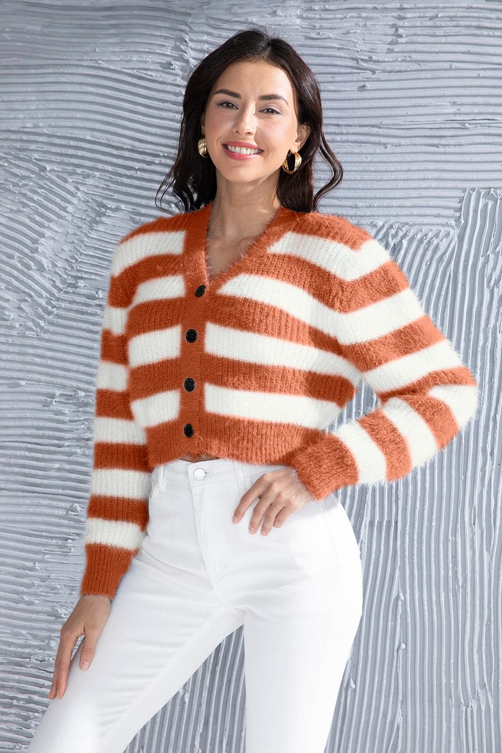 Striped Button Up Cropped Cardigan.