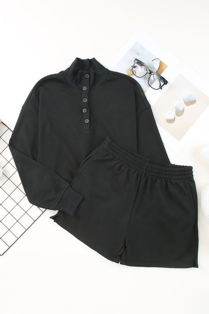 Chic black high neck henley top with matching shorts set