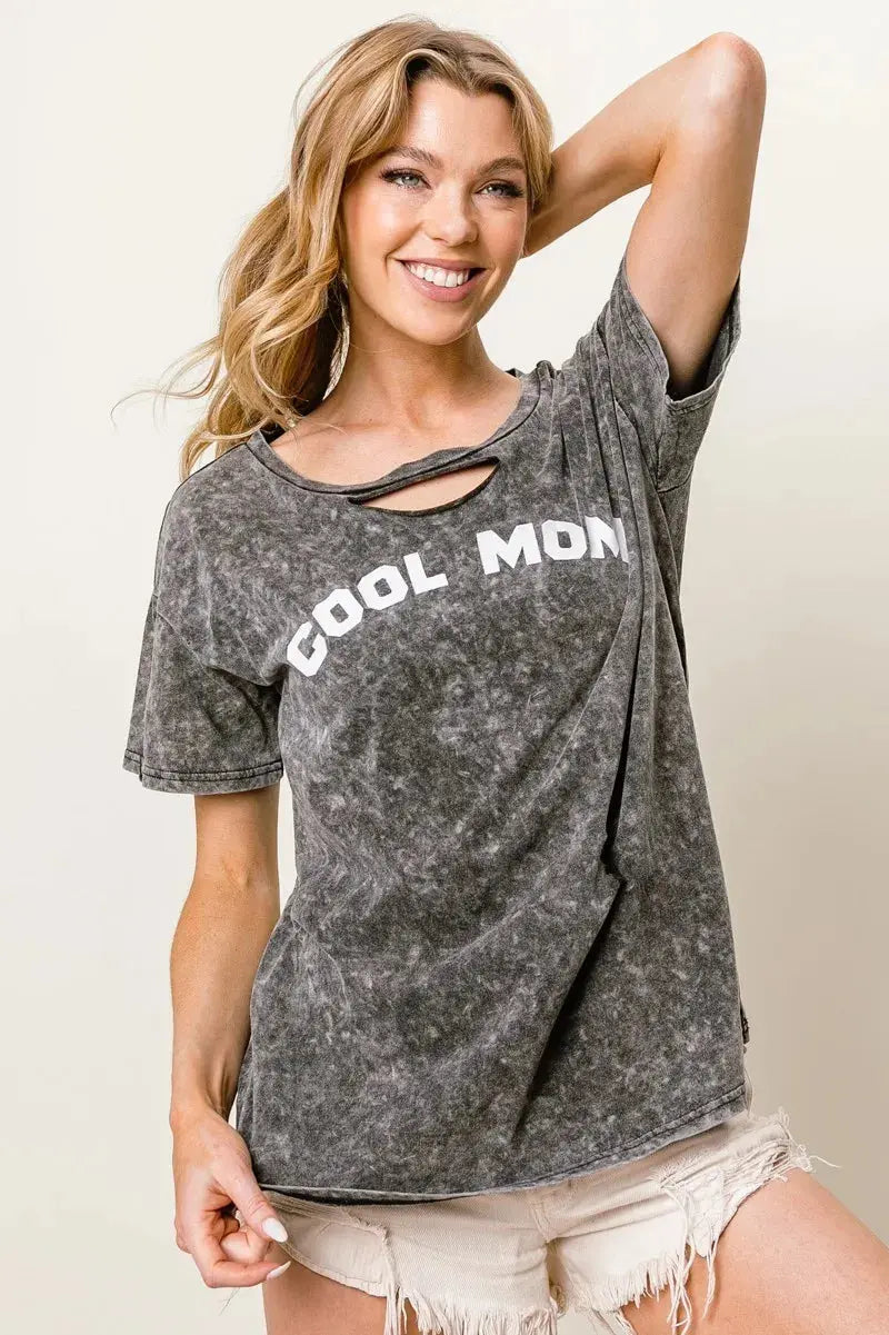 BiBi Washed Laser Cut Detail Cool Mom Print Top - Love Salve 