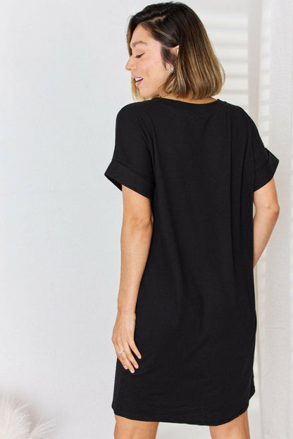 Zenana Full Size Rolled Short Sleeve V-Neck Dress.