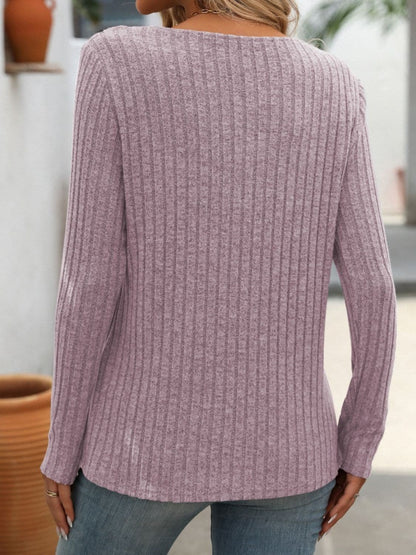 Ribbed V-Neck Long Sleeve T-Shirt.