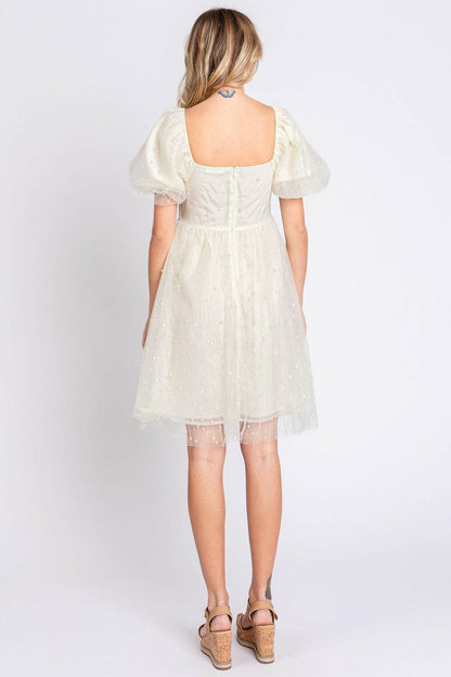 Enchanting Pearl Mesh Puff Sleeve Babydoll Dress by GeeGee.