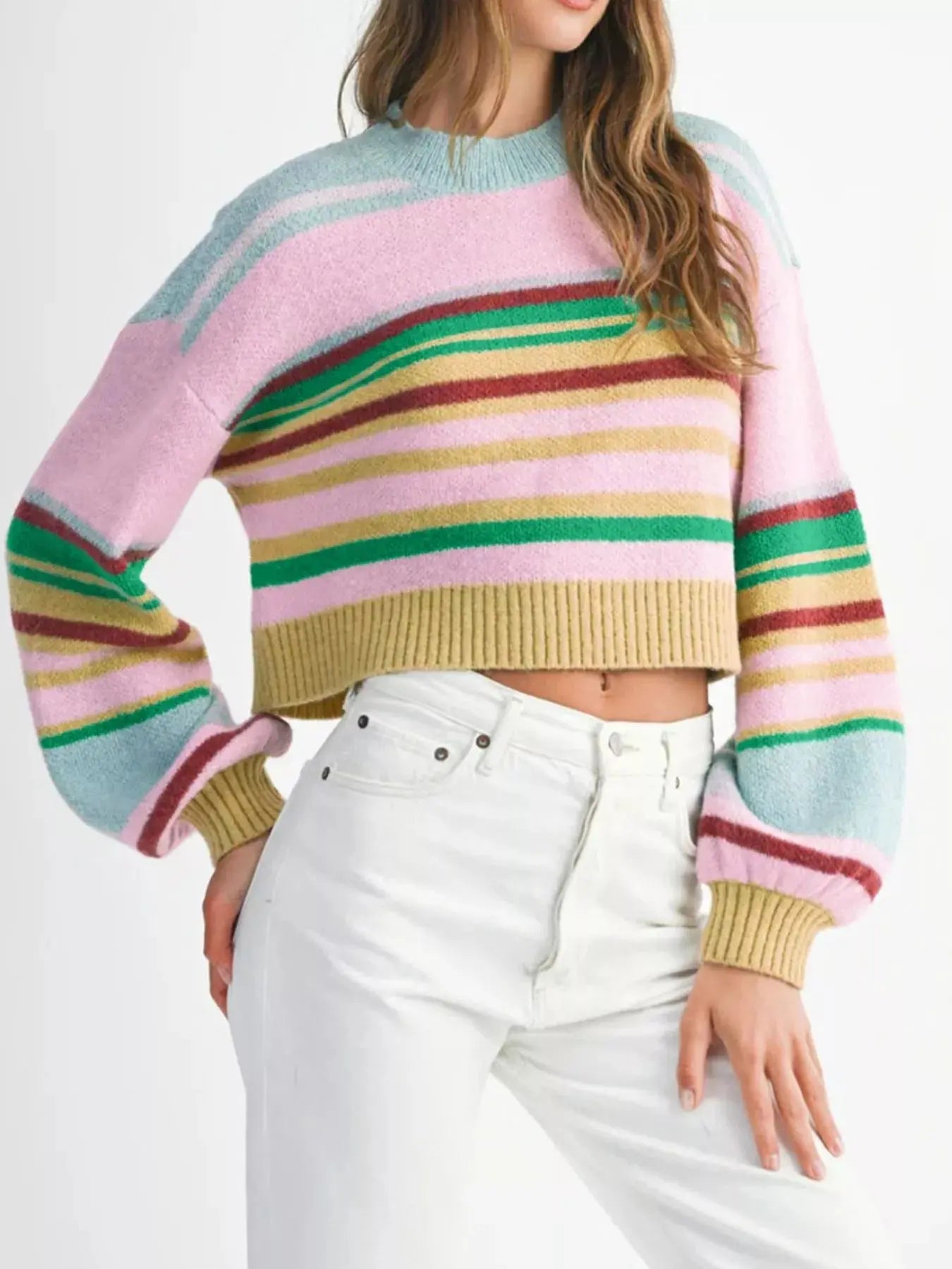 Multicolour Striped Boxy Fit Cropped Knit Sweater With Ribbed Trim Simply Love
