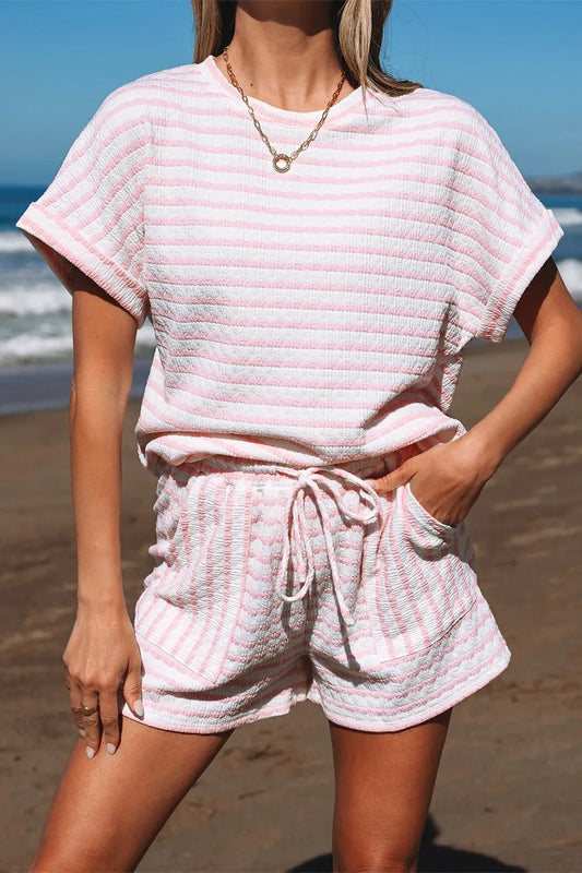 Stripe Knitted Short Sleeve Top and Drawstring Shorts Set Simply Love