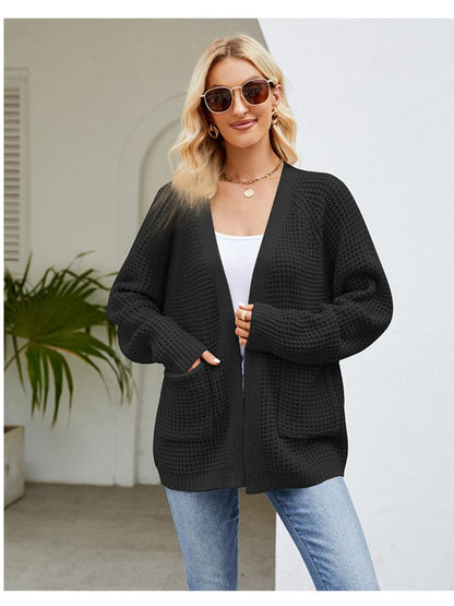 Open Front Raglan Sleeve Pocketed Cardigan.