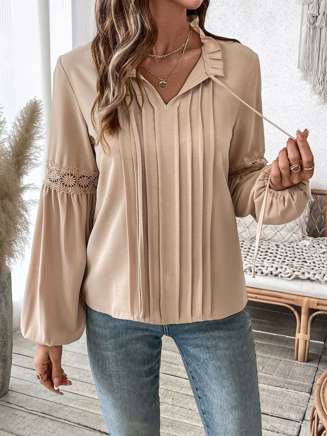 Chic tie neck long sleeve blouse with frill detailing