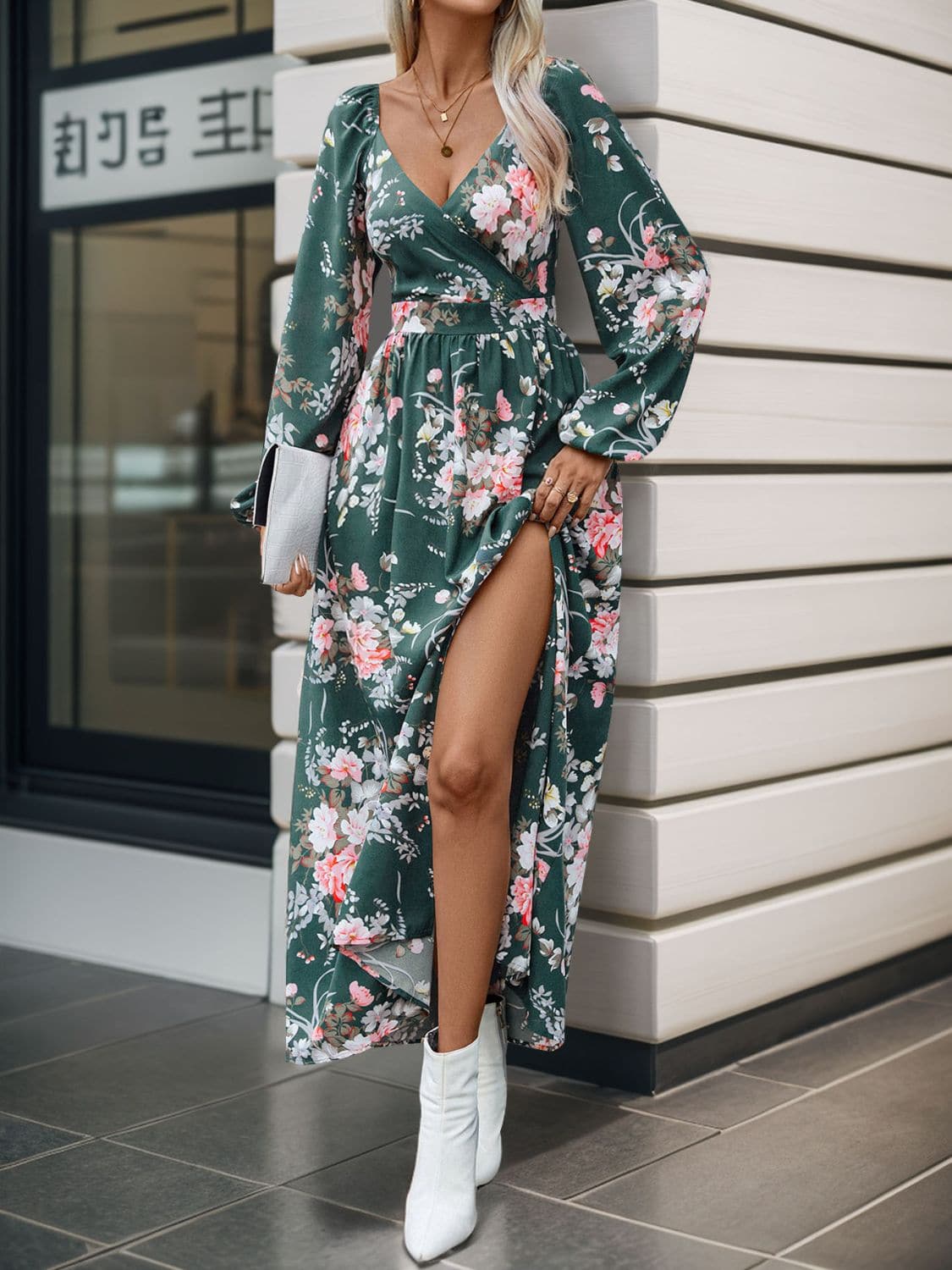 Slit Printed Surplice Long Sleeve Maxi Dress.