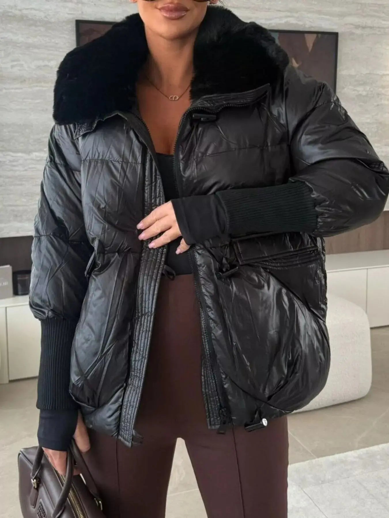 Fur Collar Padded Puffer Jacket Simply Love