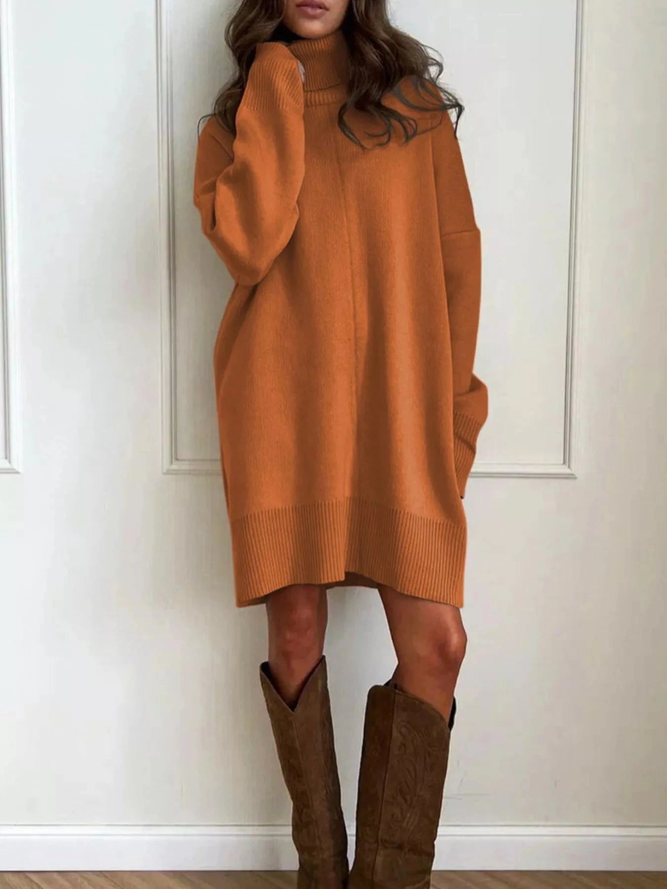 Solid Color Turtleneck Drop Shoulder Loose Sweater Dress Simply Love