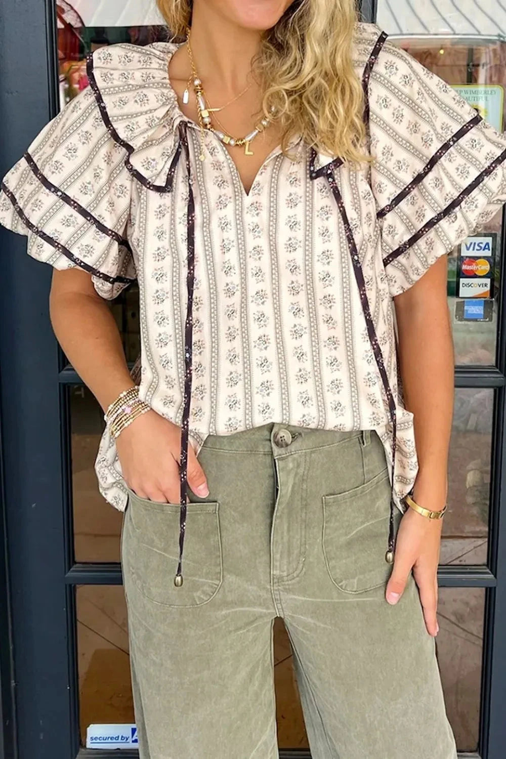 Floral Ruffled Collar Short Puff Sleeve Printed Blouse Simply Love