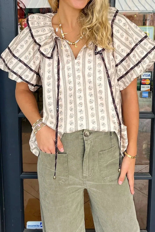 Floral Ruffled Collar Short Puff Sleeve Printed Blouse Simply Love