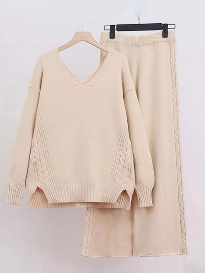 Chic V-neck long sleeve top and matching pants set