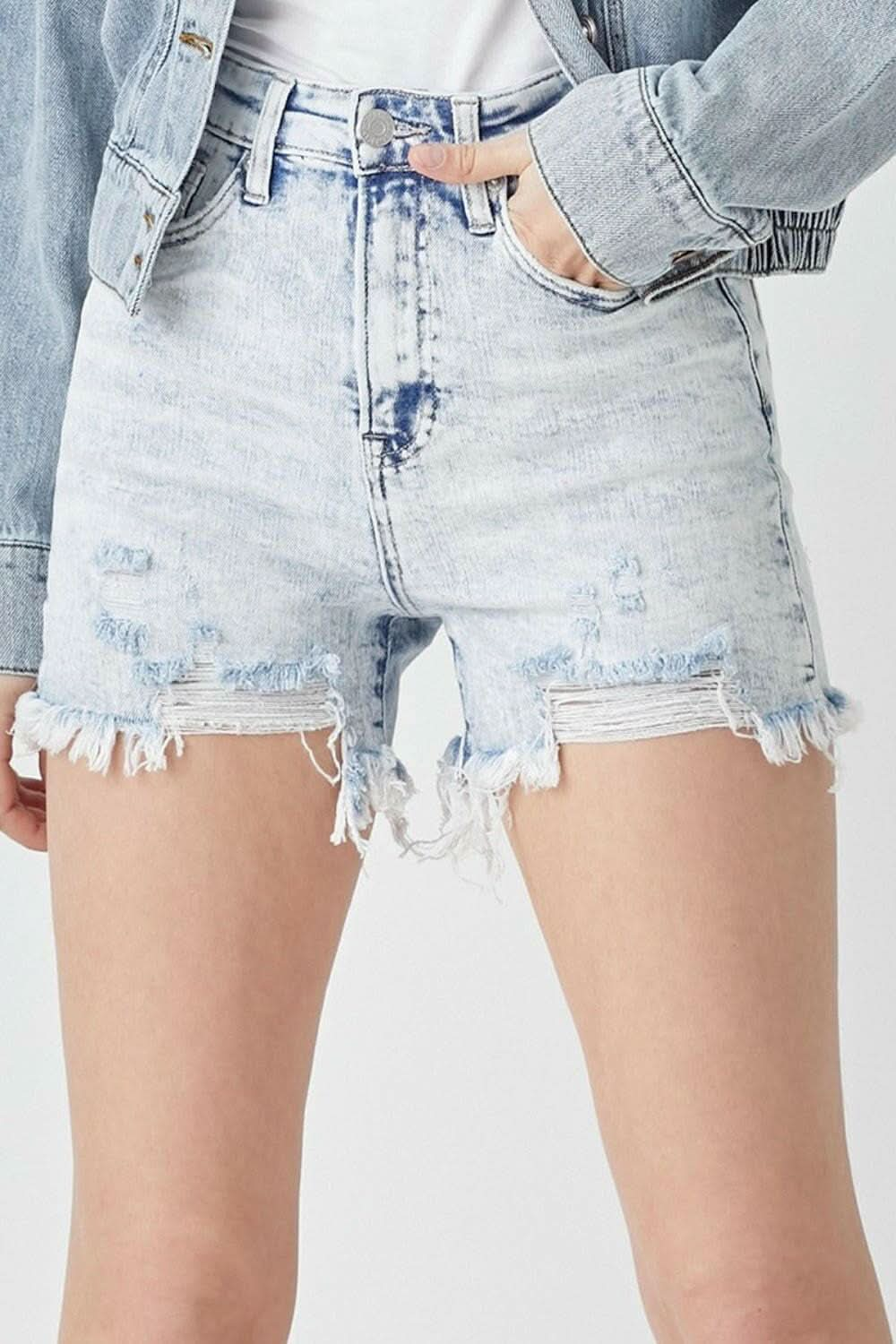 Love Salve Raw Hem Distressed High Rise Denim Shorts