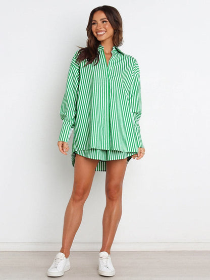 Striped Dropped Shoulder Shirt and Shorts Set.