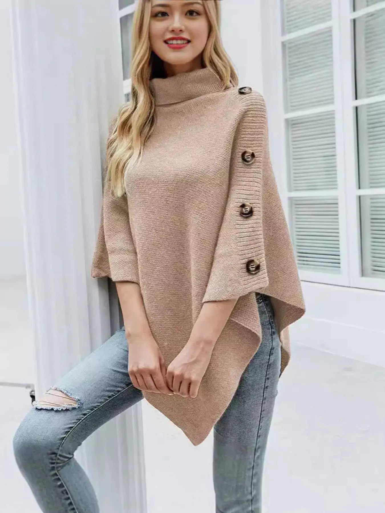 Button-Decor Turtleneck Poncho Pullover Simply Love
