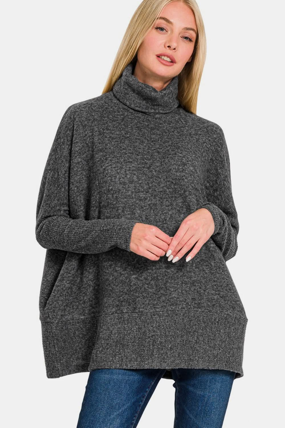 Zenana Full Size Brushed Melange Hacci Turtleneck Sweater in grey, cozy and textured fit, ideal for layering.