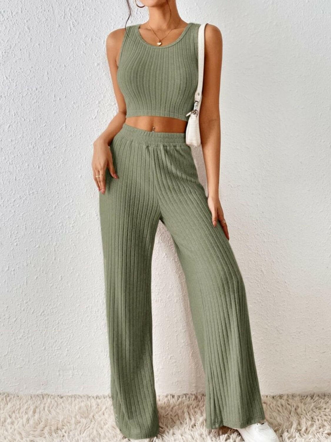 Ribbed Round Neck Tank and Pants Sweater Set.